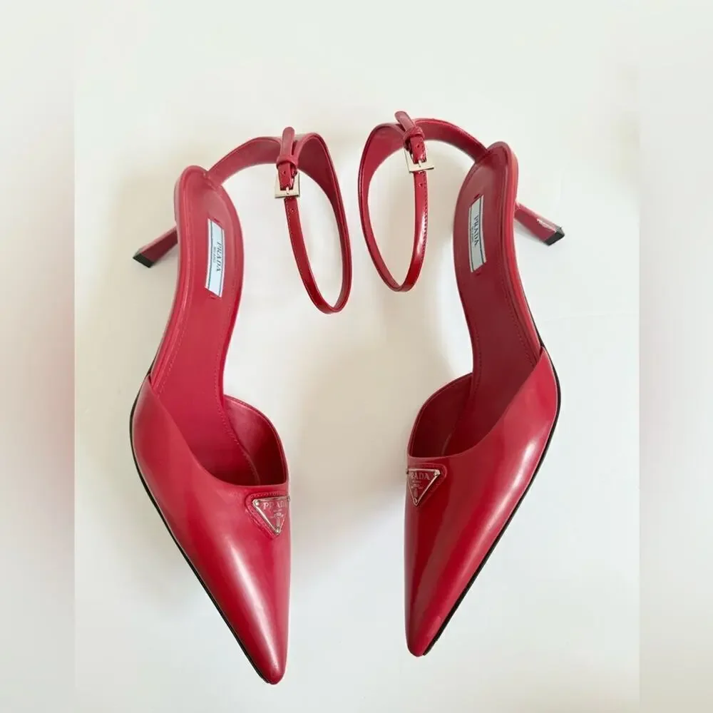 Prada Scarlet Red Leather Logo Plaque pointed toe ankle strap pumps EU 40